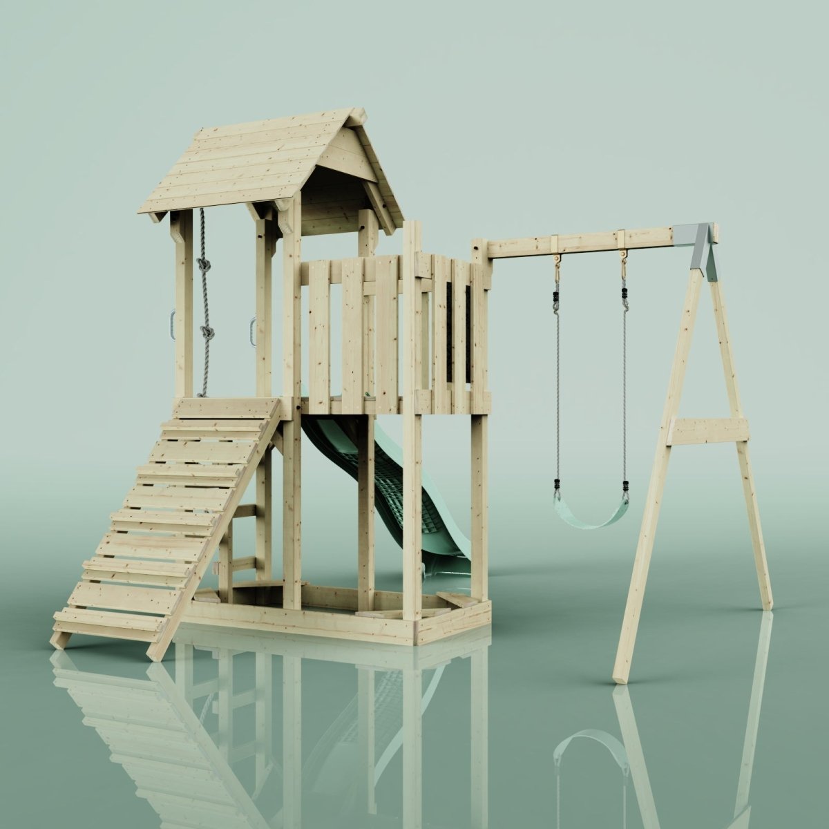 PolarPlay Balcony Tower Kids Wooden Climbing Frame - Swing Bjorn Sage