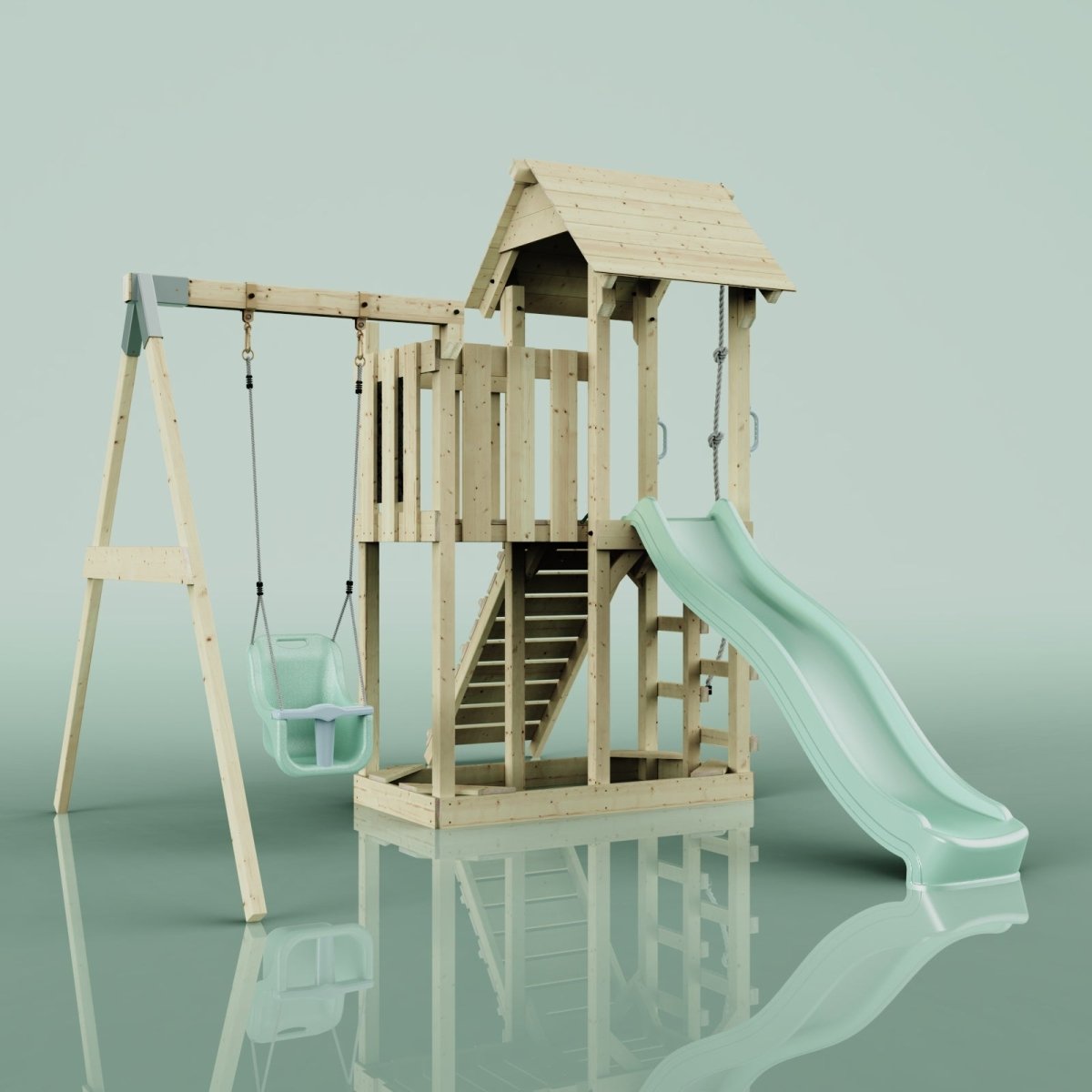 PolarPlay Balcony Tower Kids Wooden Climbing Frame - Swing Calder Sage