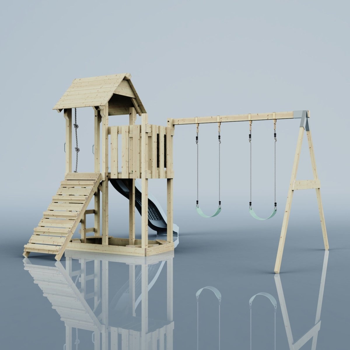 PolarPlay Balcony Tower Kids Wooden Climbing Frame - Swing Elof Mist