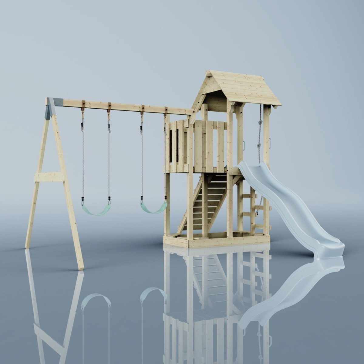 PolarPlay Balcony Tower Kids Wooden Climbing Frame - Swing Elof Mist