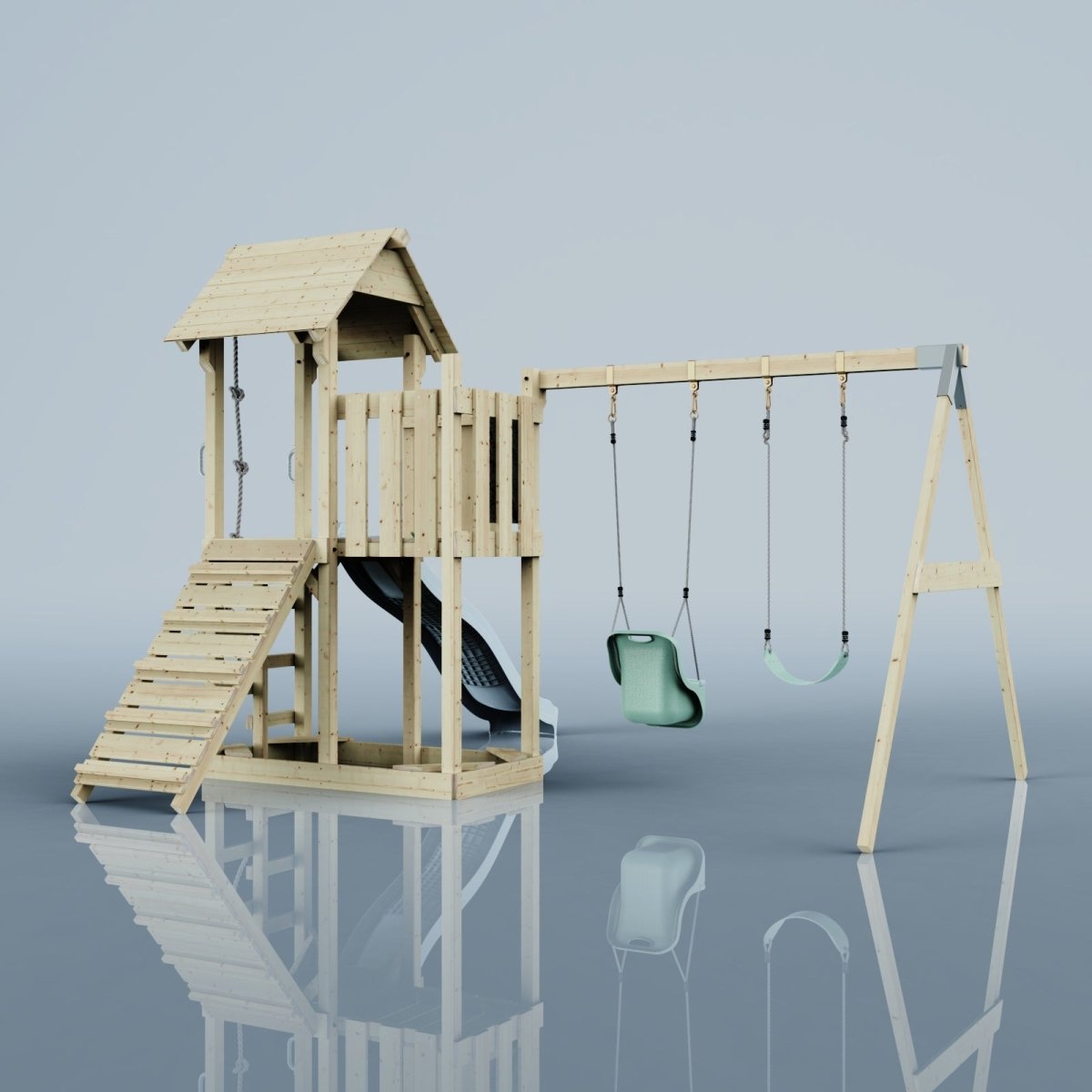 PolarPlay Balcony Tower Kids Wooden Climbing Frame - Swing Hagen Mist