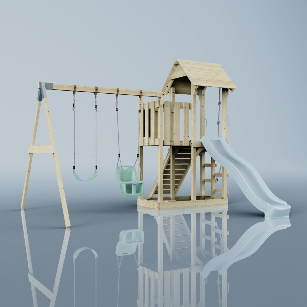 PolarPlay Balcony Tower Kids Wooden Climbing Frame - Swing Hagen Mist