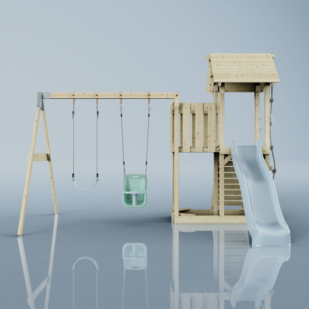 PolarPlay Balcony Tower Kids Wooden Climbing Frame - Swing Hagen Mist