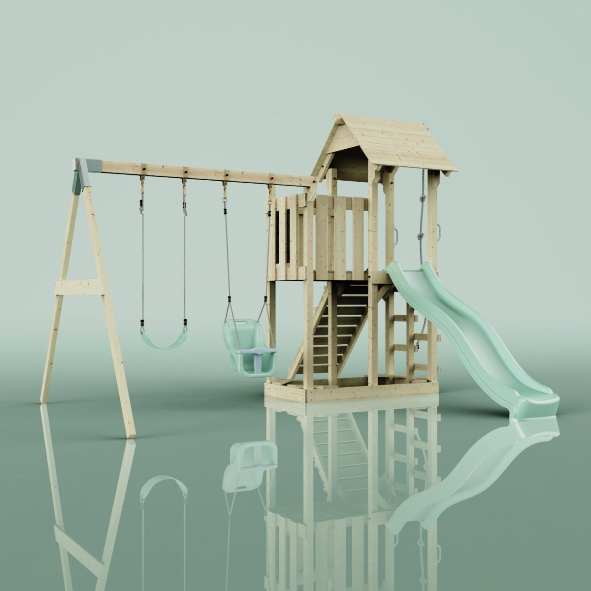 PolarPlay Balcony Tower Kids Wooden Climbing Frame - Swing Hagen Sage