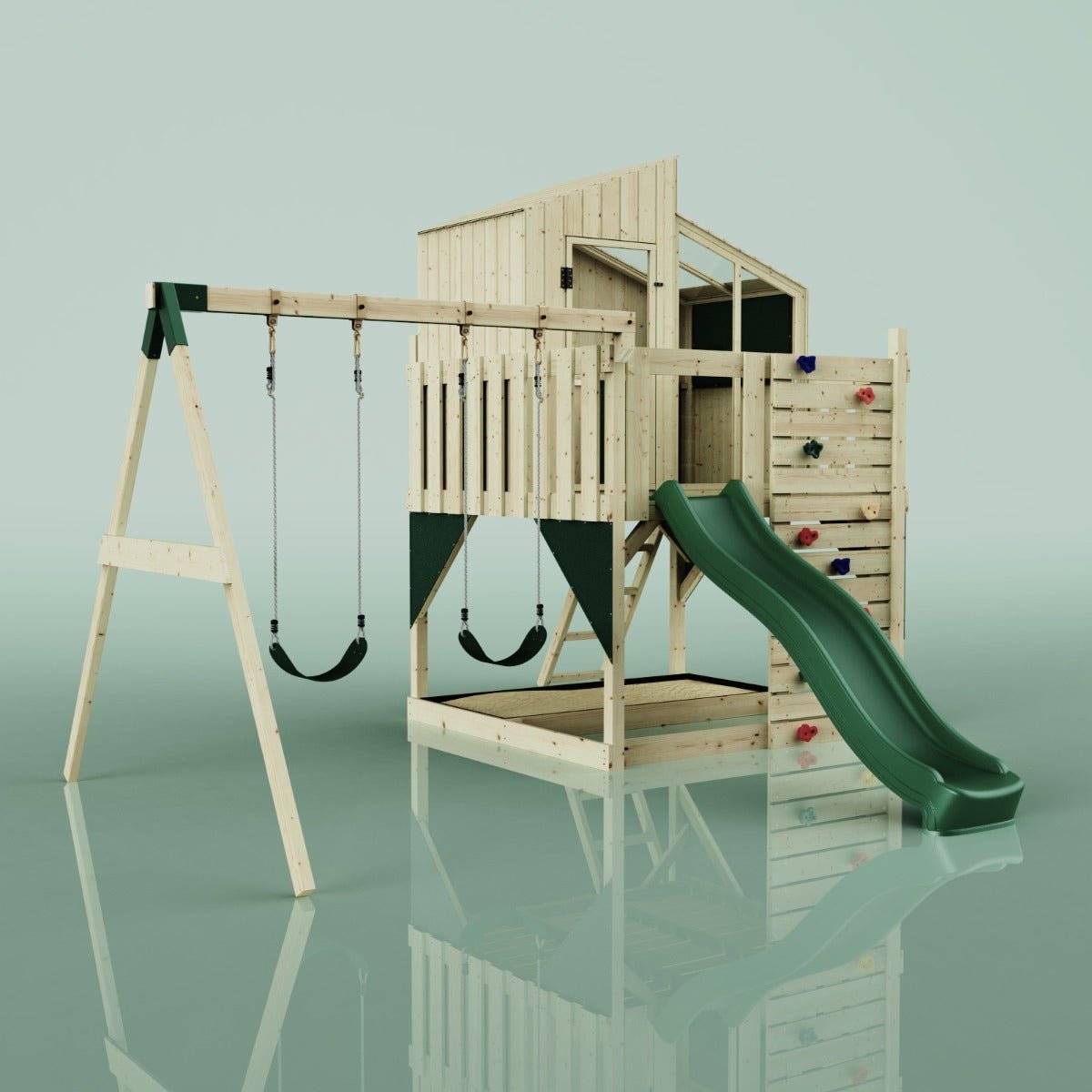 PolarPlay Kids Climbing Tower & Playhouse – Swing Geir Green