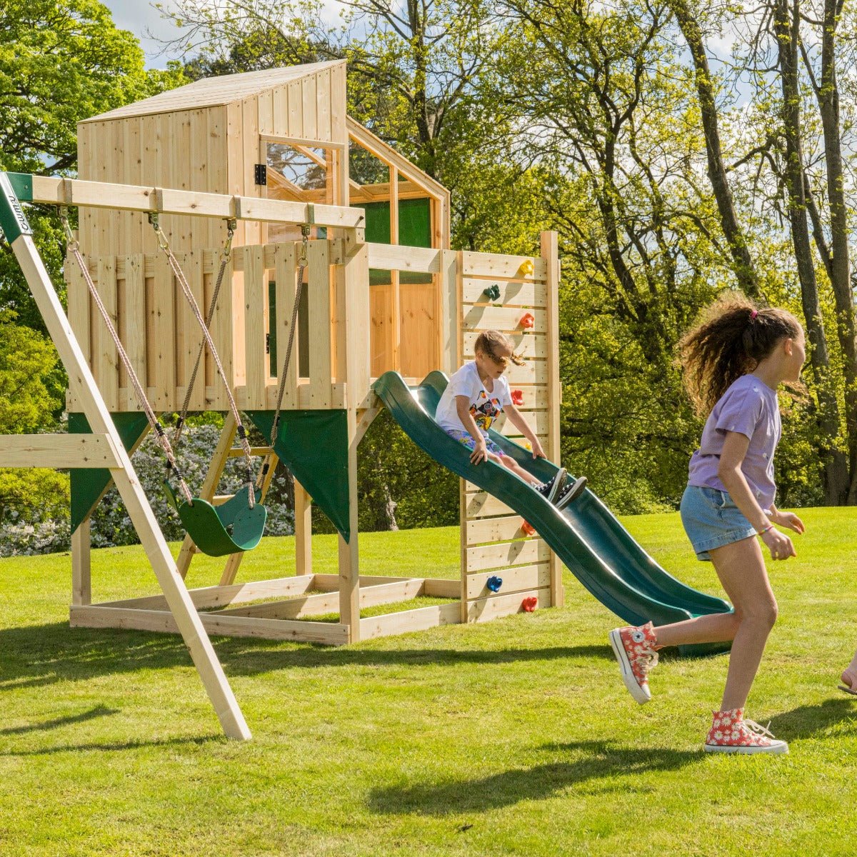 PolarPlay Kids Climbing Tower & Playhouse – Swing Geir Green