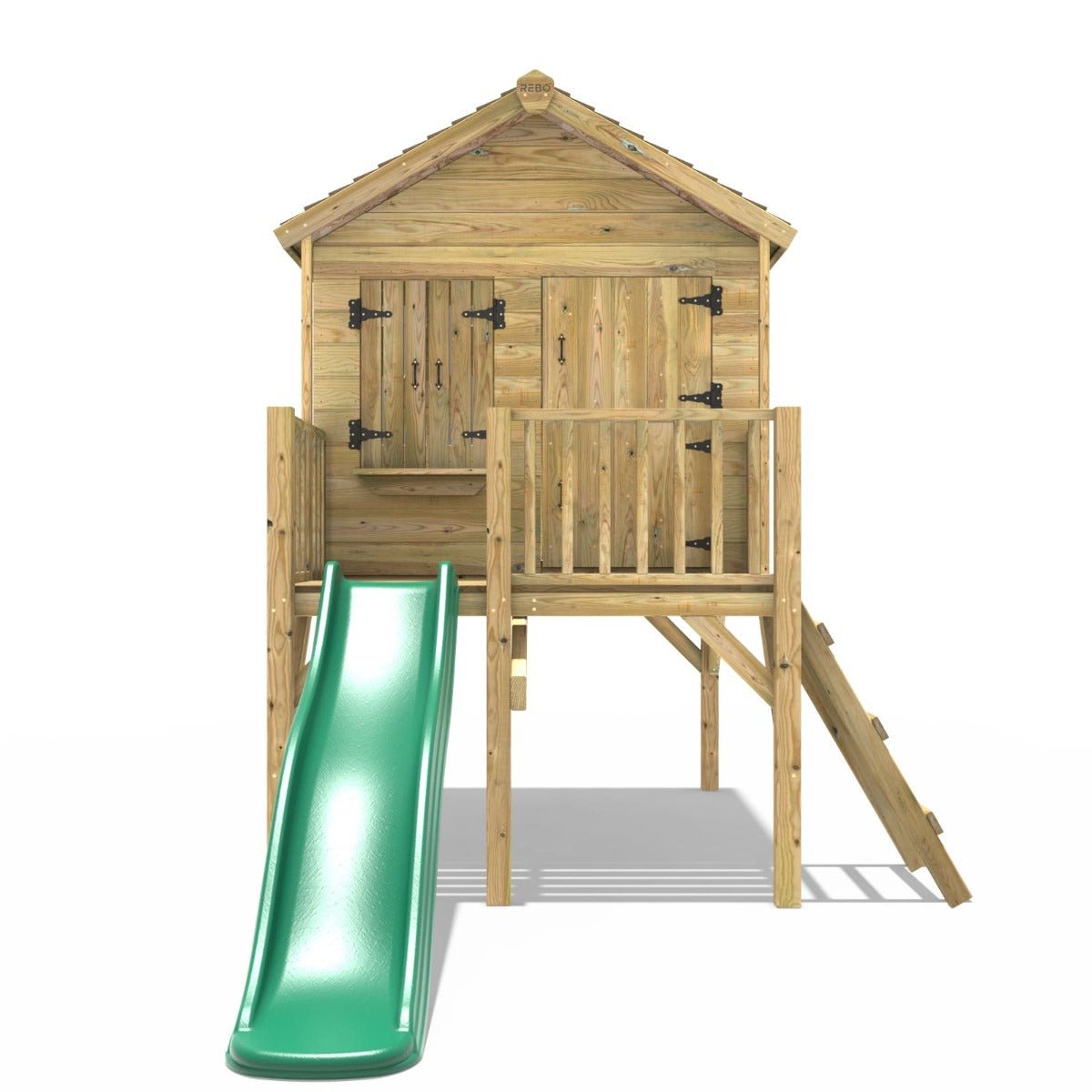 Rebo 5FT x 5FT Childrens Wooden Garden Playhouse on Deck with 6ft Slide - Nightingale Green
