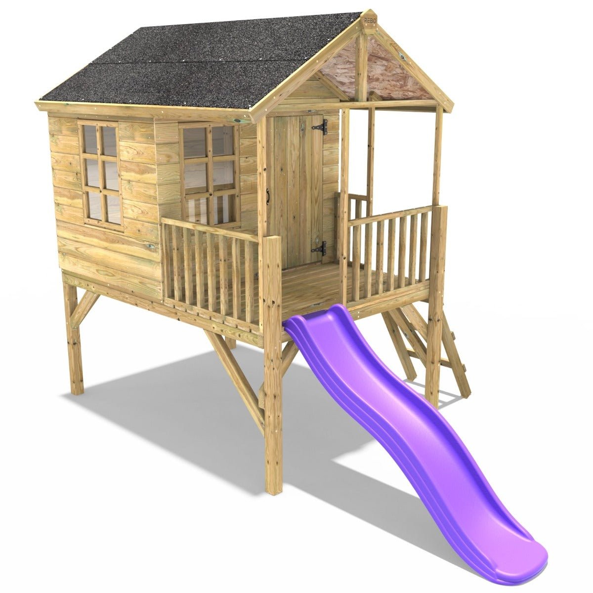 Rebo 5FT x 5FT Childrens Wooden Garden Playhouse on Deck with 6ft Slide - Partridge Purple