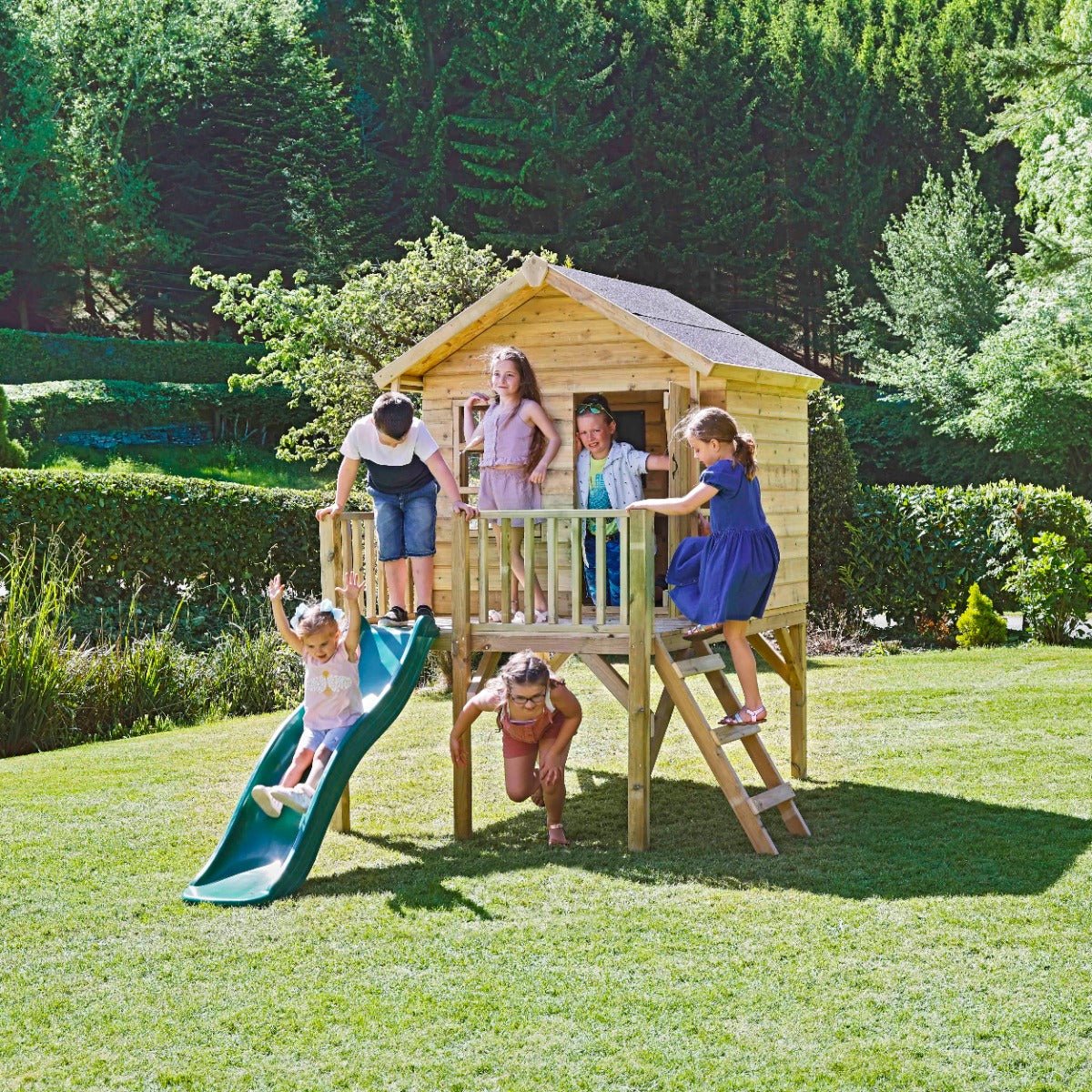 Rebo 5FT x 5FT Childrens Wooden Garden Playhouse on Deck with 6ft Slide - Pheasant Green