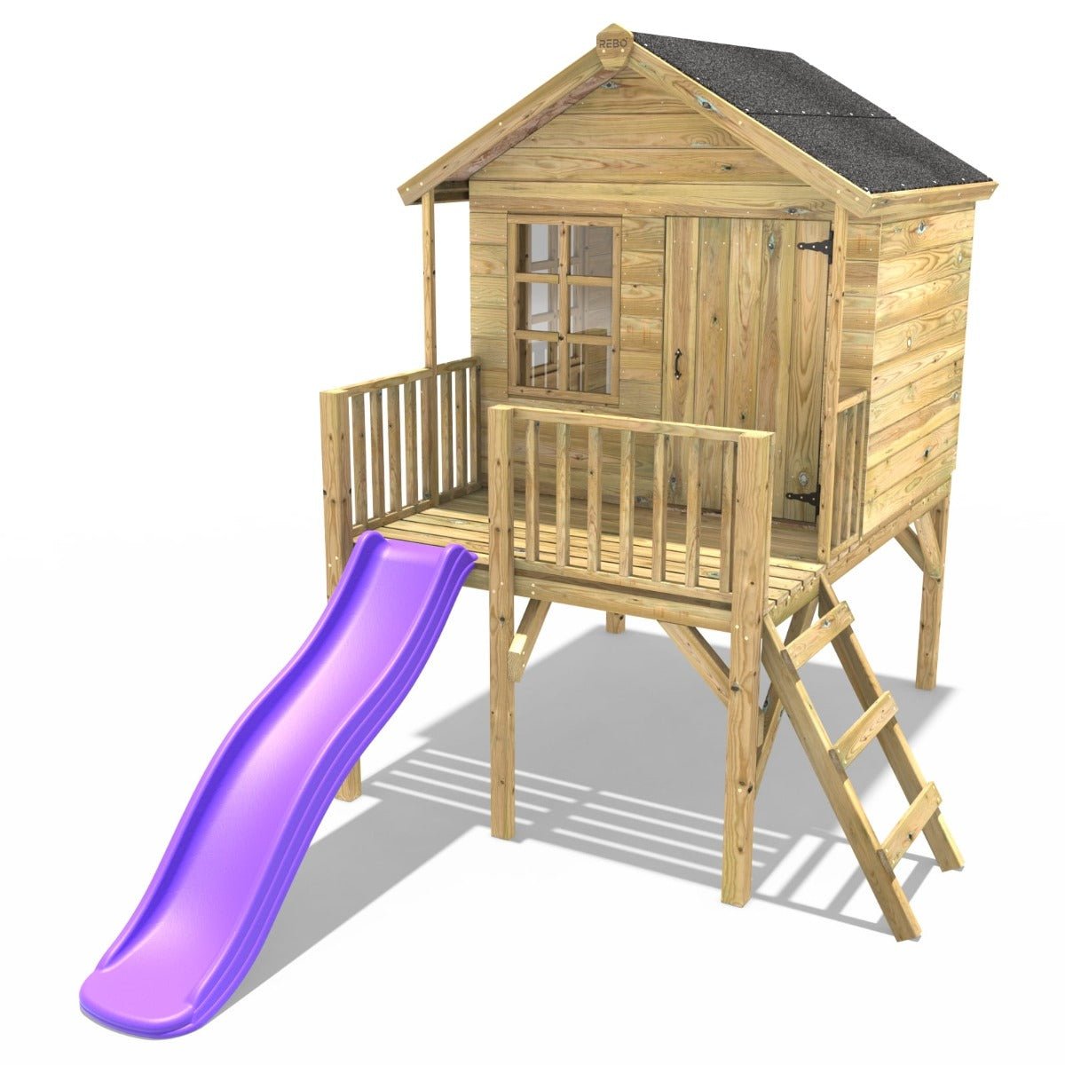 Rebo 5FT x 5FT Childrens Wooden Garden Playhouse on Deck with 6ft Slide - Pheasant Purple