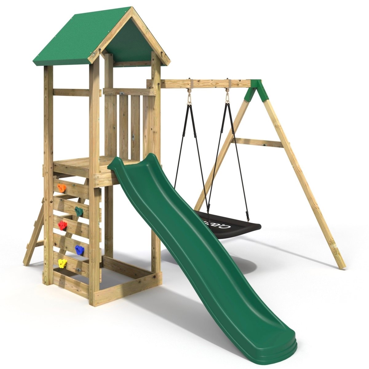 Rebo Adventure Wooden Climbing Frame, Swing Set and Slide - Elbrus Green