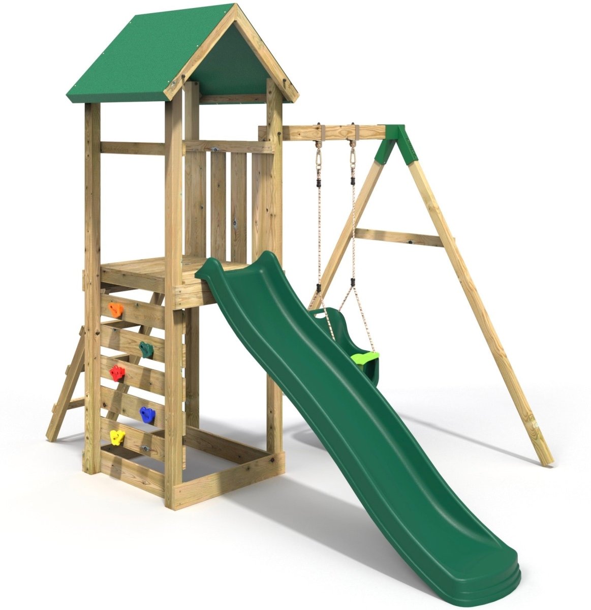 Rebo Adventure Wooden Climbing Frame, Swing Set and Slide - Rosa Green