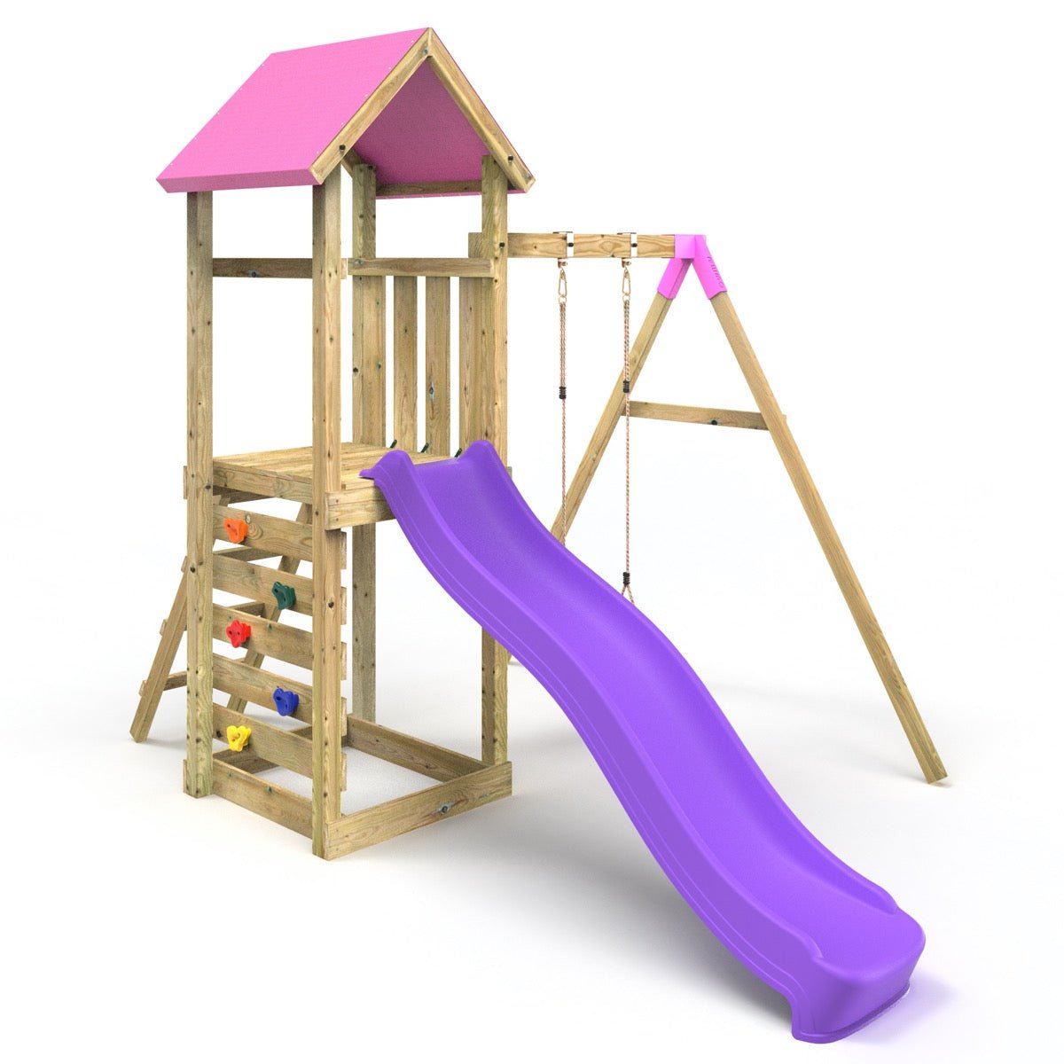 Rebo Adventure Wooden Climbing Frame, Swing Set and Slide - Rushmore Pink