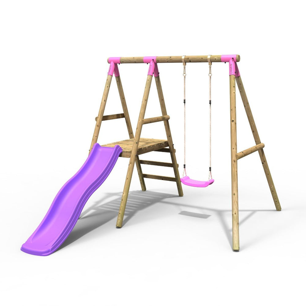 Rebo Apollo Wooden Swing Set with Platform and Slide - Pink