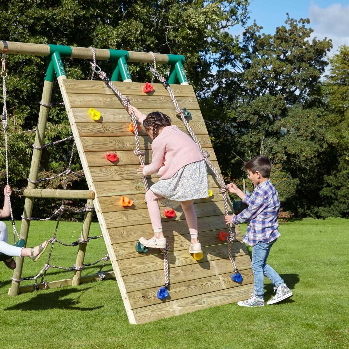 Rebo Spire Beat The Wall Wooden Swing Set w/ Double Up & Over Climbing Wall