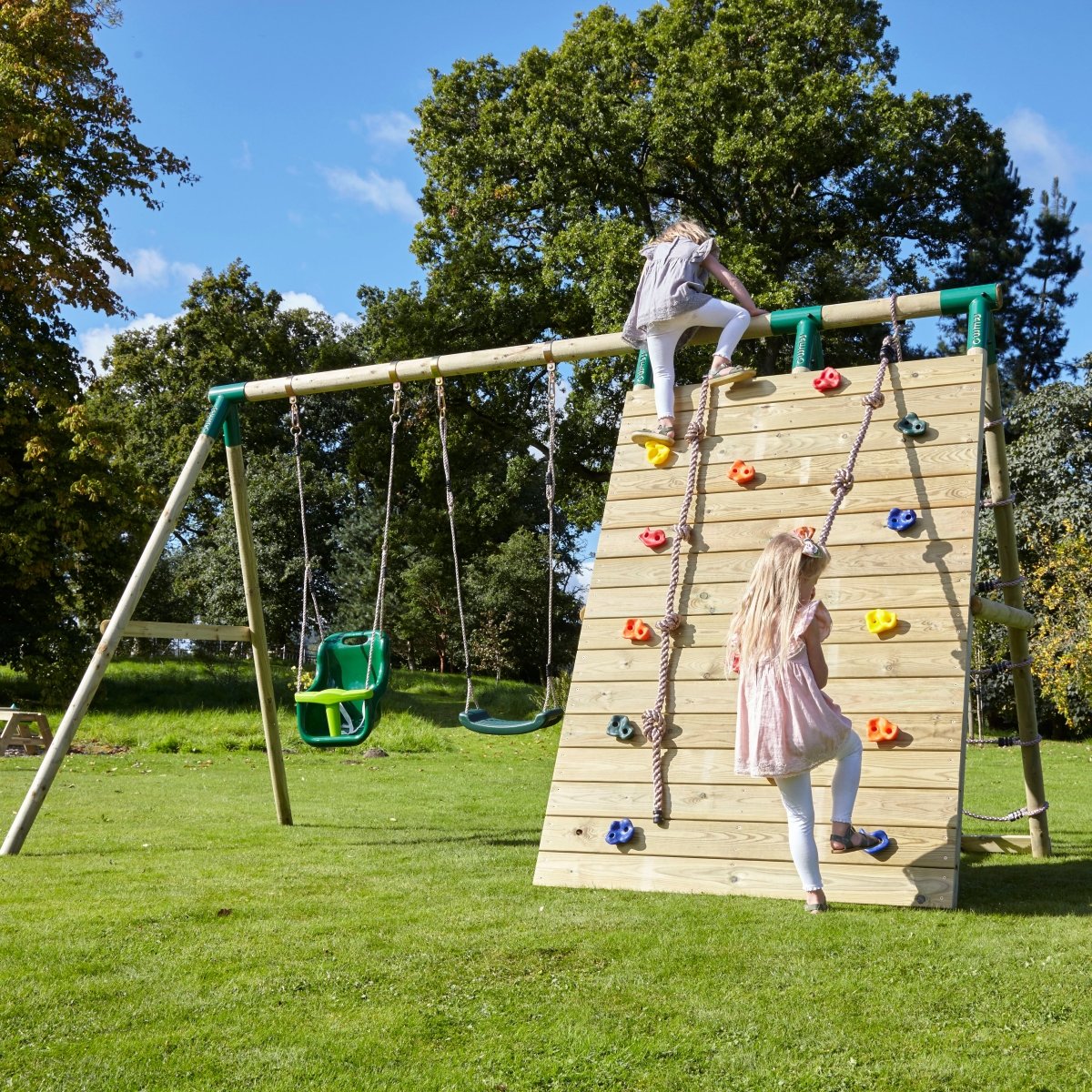 Rebo Spire Beat The Wall Wooden Swing Set w/ Double Up & Over Climbing Wall
