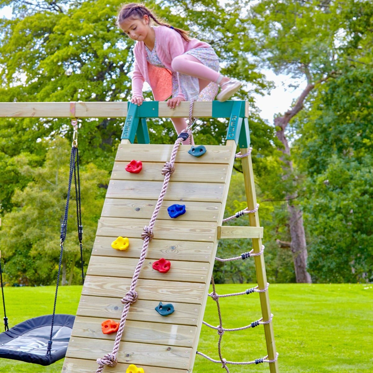 Rebo Challenge Wooden Climbing Frame with Swings, Slide and Up & over Climbing wall - Bear Pink