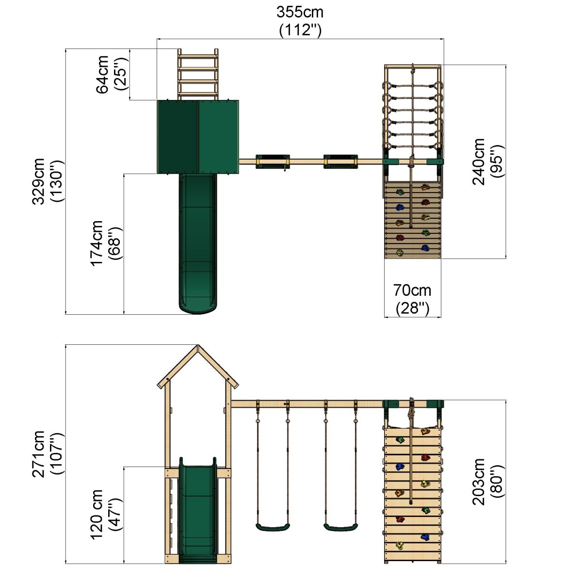 Rebo Challenge Wooden Climbing Frame with Swings, Slide and Up & over Climbing wall - Greenhorn