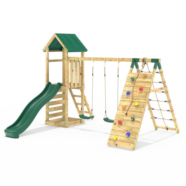 Rebo Challenge Wooden Climbing Frame with Swings, Slide and Up & over Climbing wall - Greenhorn