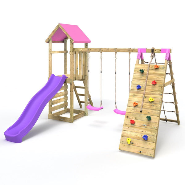 Rebo Challenge Wooden Climbing Frame with Swings, Slide and Up & over Climbing wall - Greenhorn Pink