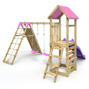 Rebo Challenge Wooden Climbing Frame with Swings, Slide and Up & over Climbing wall - Greenhorn Pink
