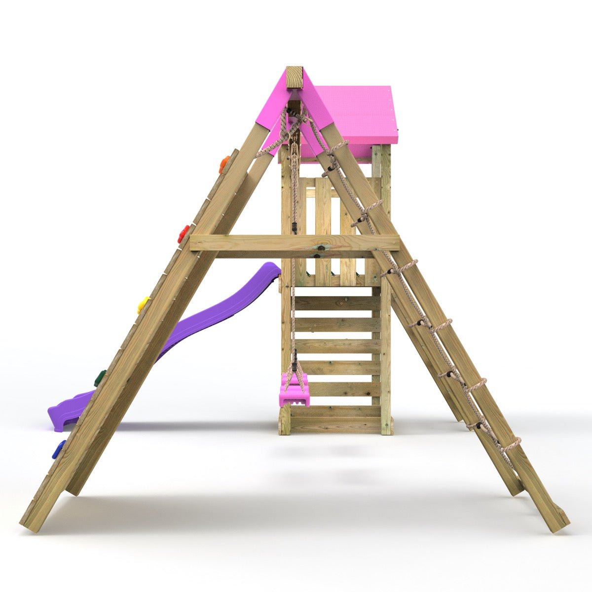 Rebo Challenge Wooden Climbing Frame with Swings, Slide and Up & over Climbing wall - Greenhorn Pink