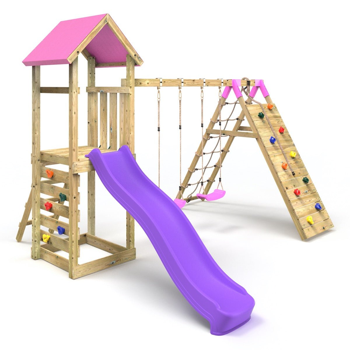 Rebo Challenge Wooden Climbing Frame with Swings, Slide and Up & over Climbing wall - Greenhorn Pink