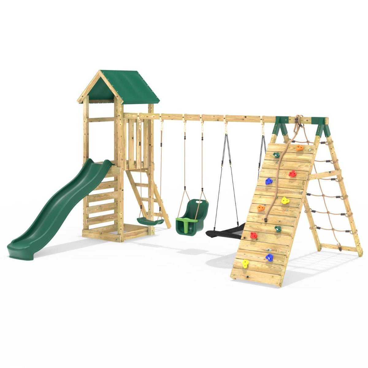 Rebo Challenge Wooden Climbing Frame with Swings, Slide and Up & over Climbing wall - Sanford