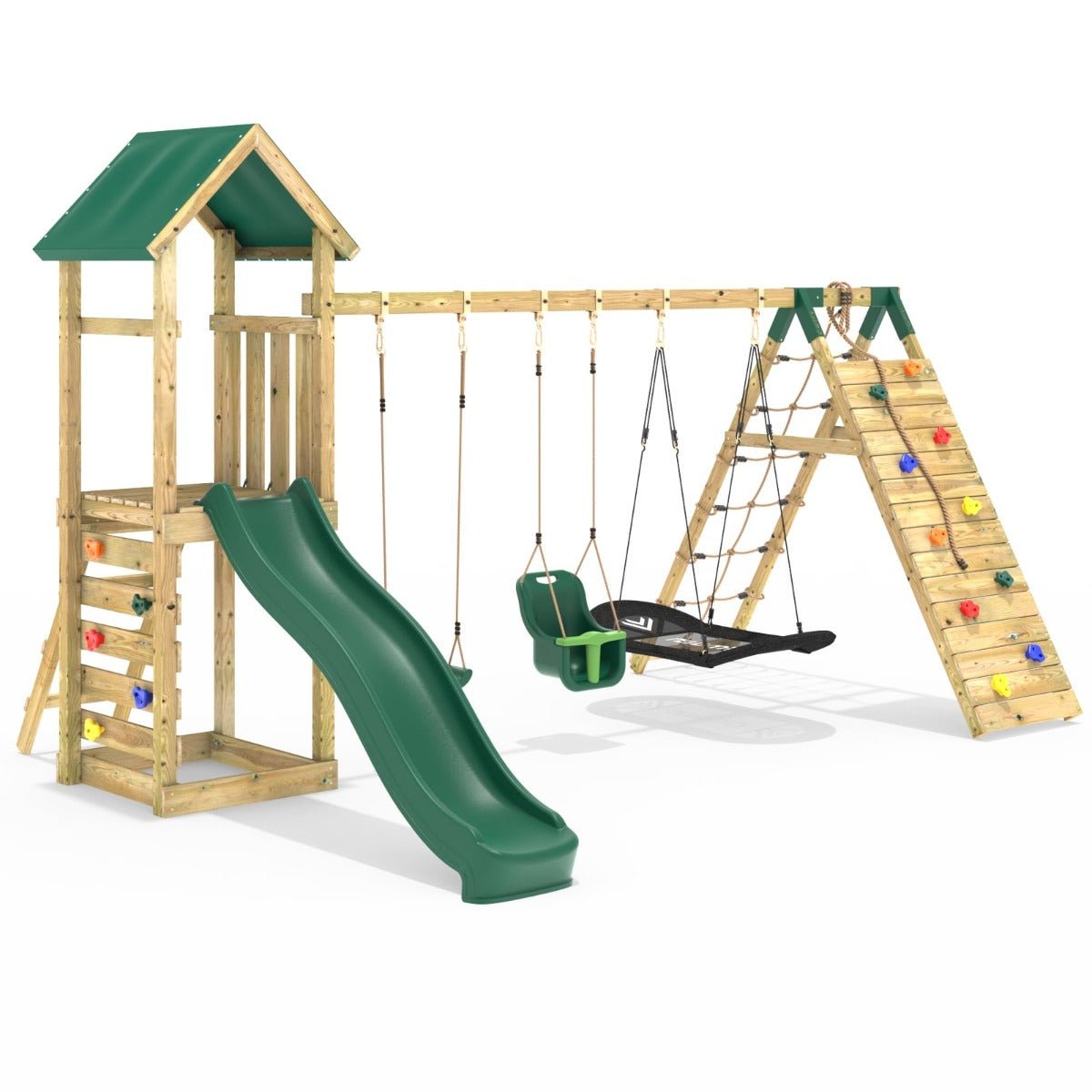 Rebo Challenge Wooden Climbing Frame with Swings, Slide and Up & over Climbing wall - Sanford