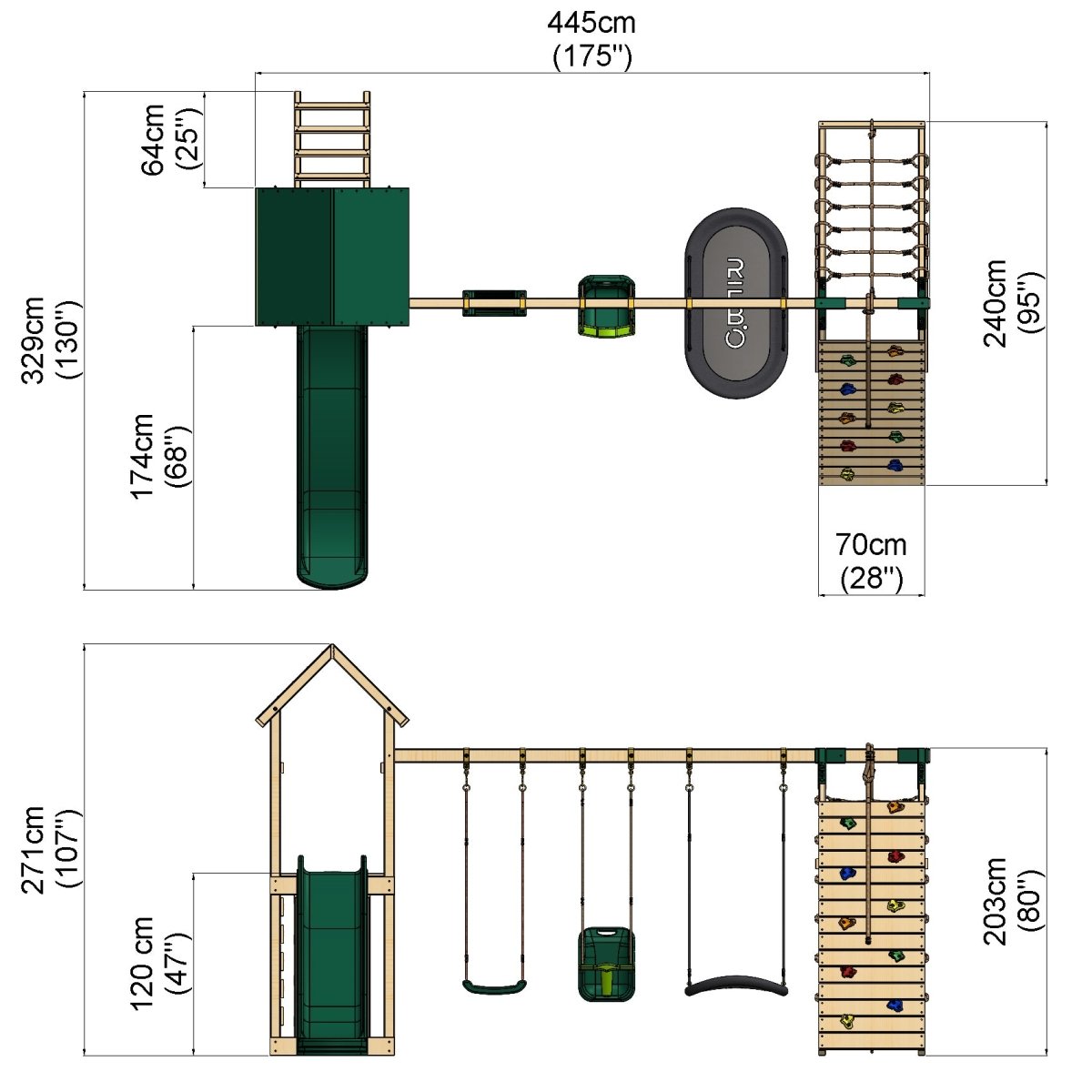 Rebo Challenge Wooden Climbing Frame with Swings, Slide and Up & over Climbing wall - Sanford