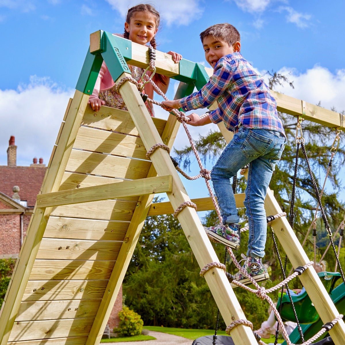 Rebo Challenge Wooden Climbing Frame with Swings, Slide and Up & over Climbing wall - Sanford Pink