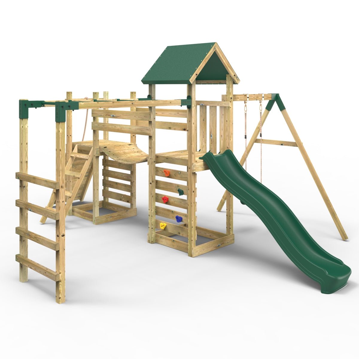 Rebo Double Tower Climbing Frame with Flexible Bridge, Swing & Slide - Arvon