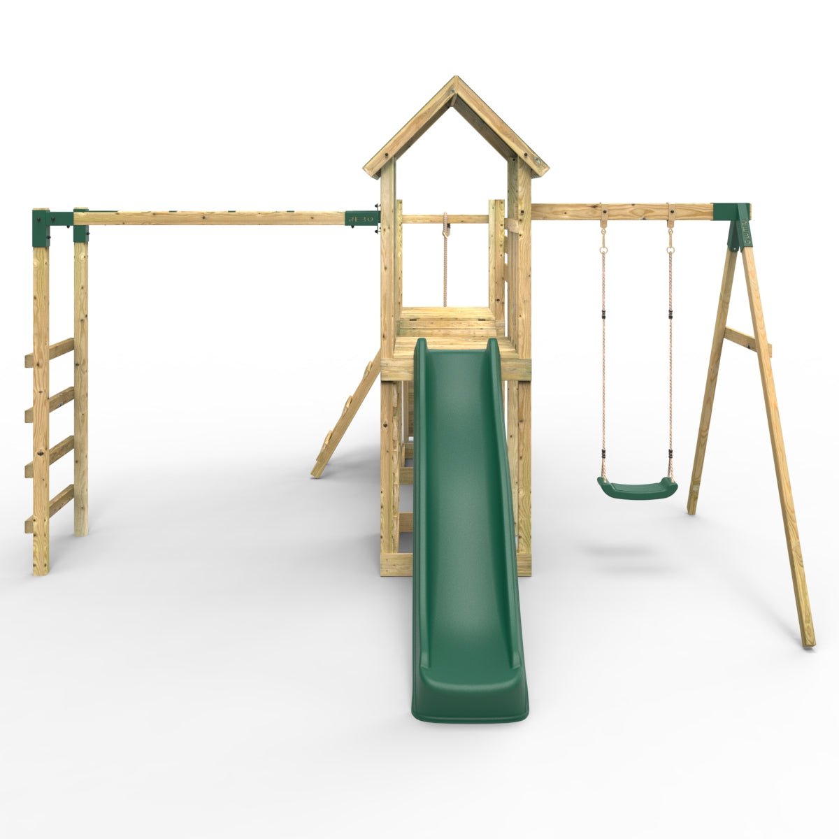 Rebo Double Tower Climbing Frame with Flexible Bridge, Swing & Slide - Arvon