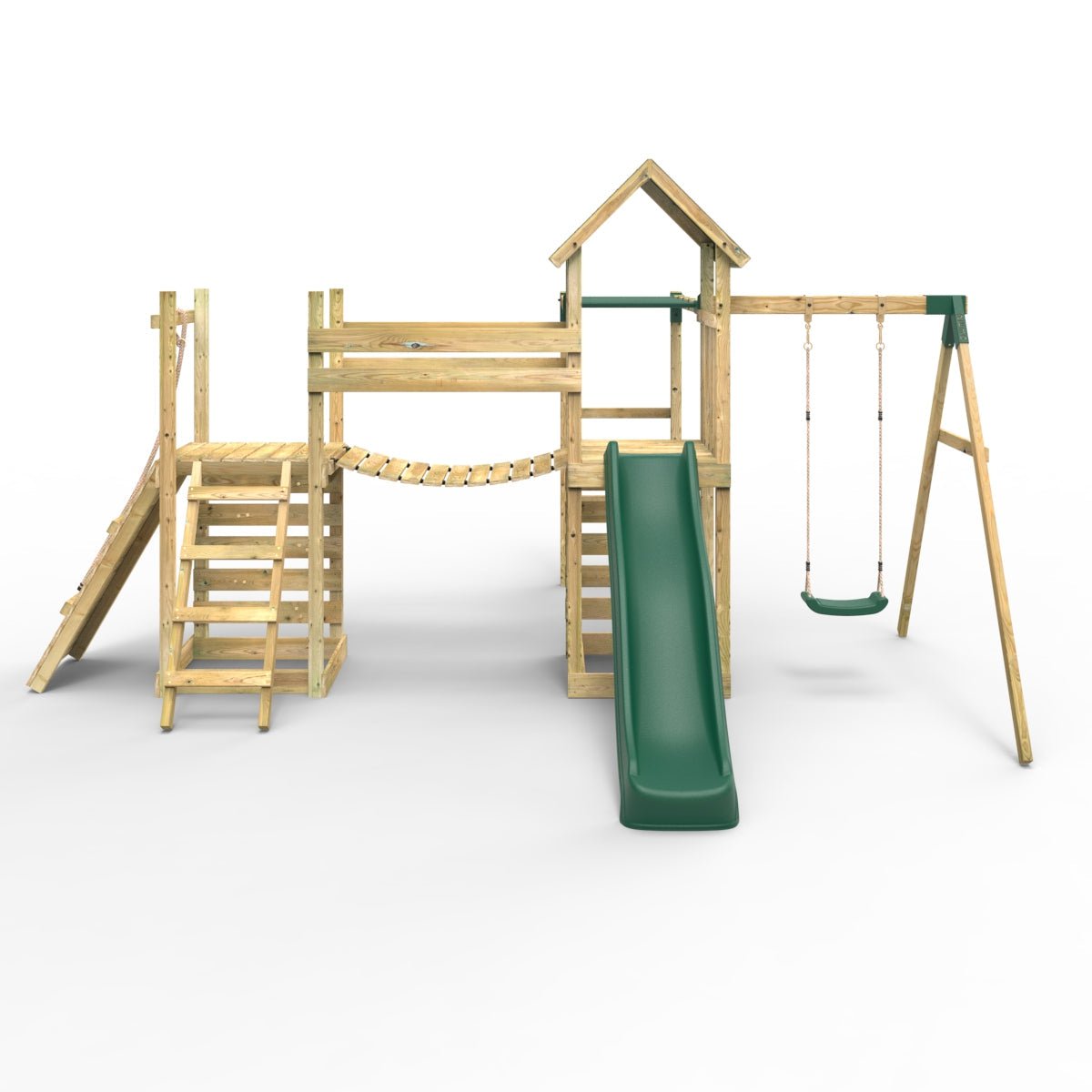 Rebo Double Tower Climbing Frame with Flexible Bridge, Swing & Slide - Arvon