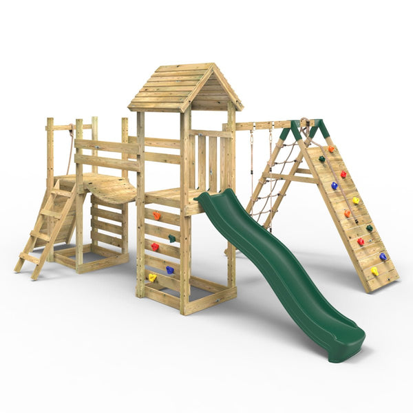 Rebo Double Tower Climbing Frame with Flexible Bridge, Swing & Slide - Bear