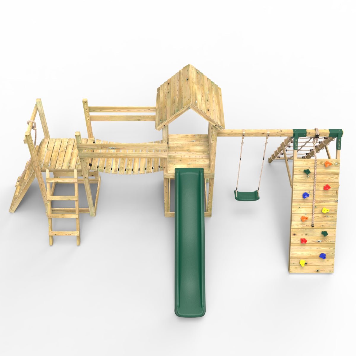 Rebo Double Tower Climbing Frame with Flexible Bridge, Swing & Slide - Bear