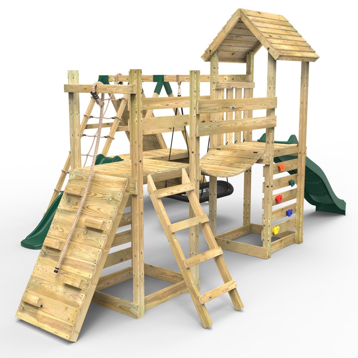 Rebo Double Tower Climbing Frame with Flexible Bridge, Swing & Slide - Crestone