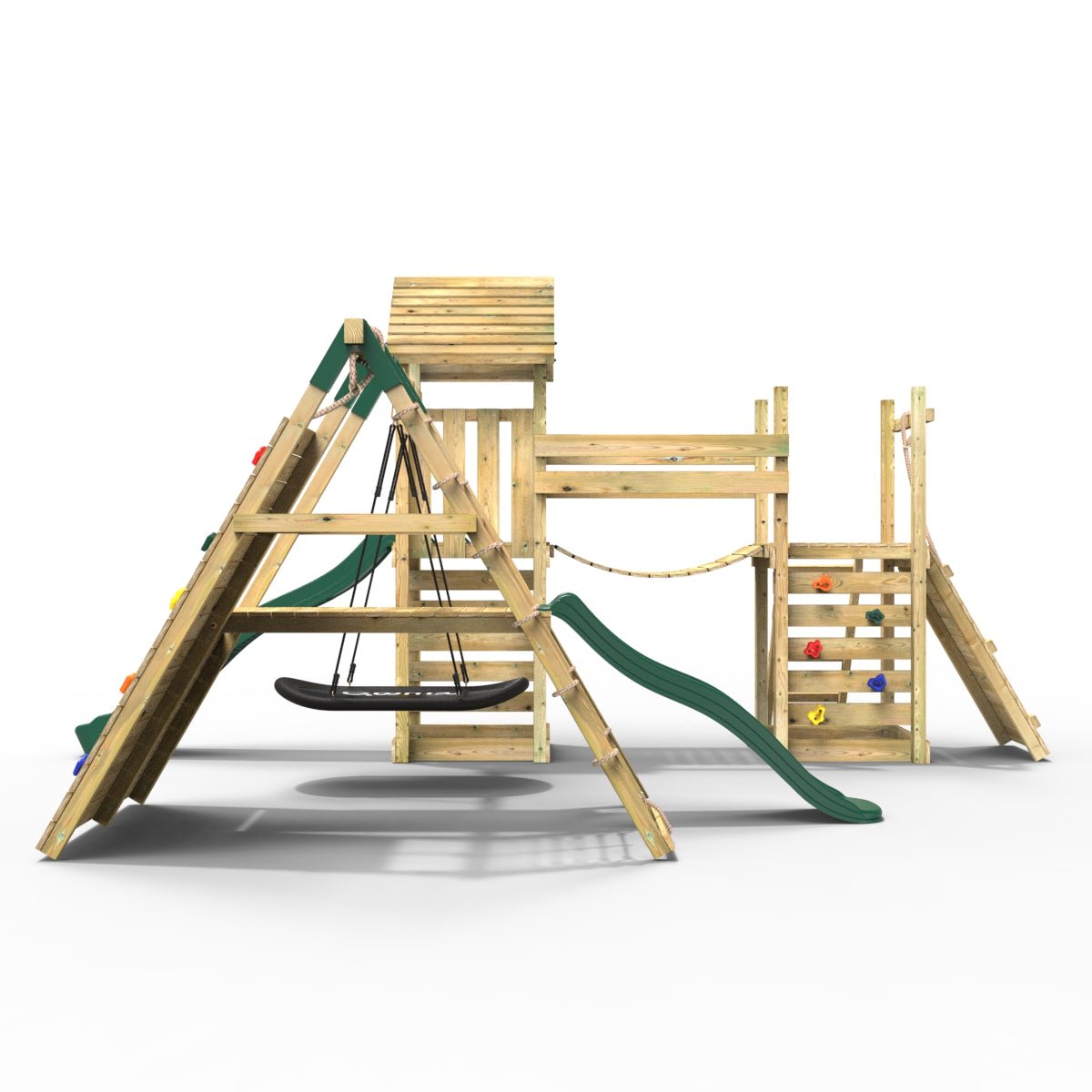Rebo Double Tower Climbing Frame with Flexible Bridge, Swing & Slide - Crestone