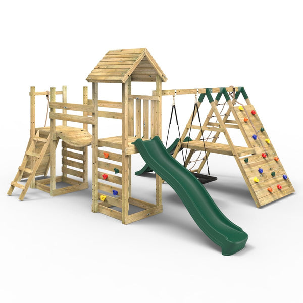 Rebo Double Tower Climbing Frame with Flexible Bridge, Swing & Slide - Crestone