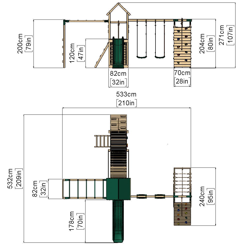 Rebo Double Tower Climbing Frame with Flexible Bridge, Swing & Slide - Dolomite
