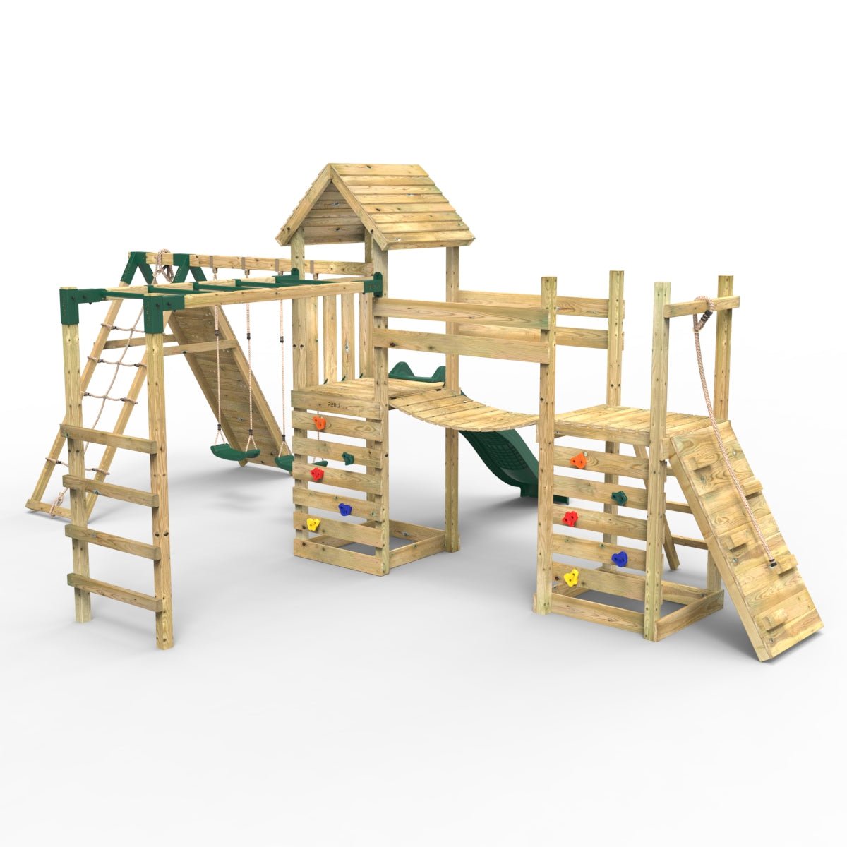 Rebo Double Tower Climbing Frame with Flexible Bridge, Swing & Slide - Dolomite