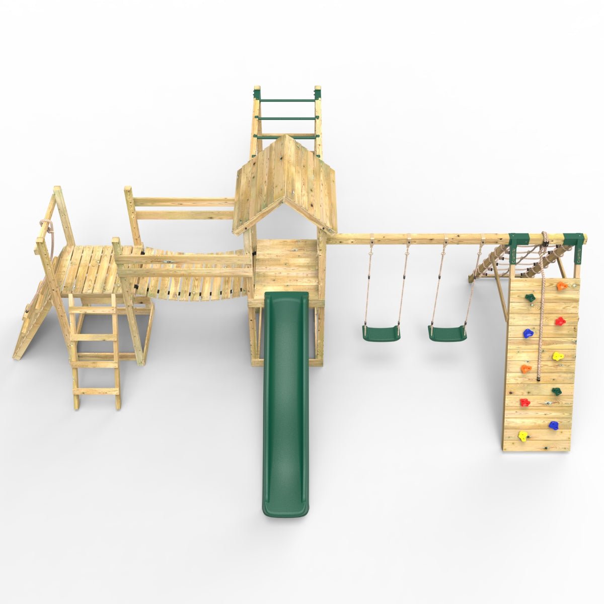 Rebo Double Tower Climbing Frame with Flexible Bridge, Swing & Slide - Dolomite