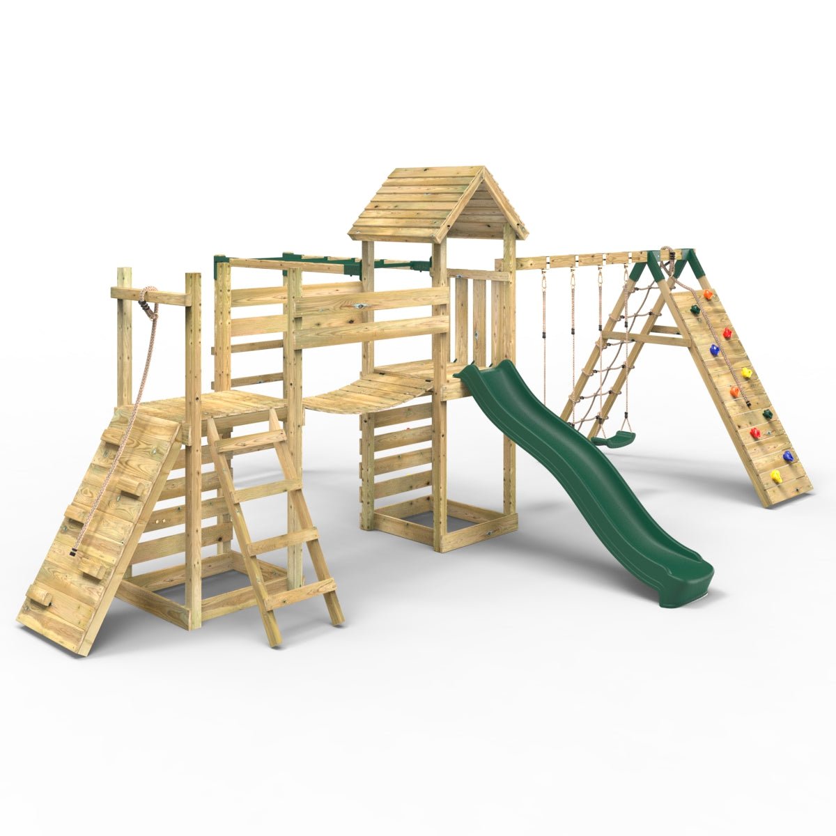 Rebo Double Tower Climbing Frame with Flexible Bridge, Swing & Slide - Dolomite