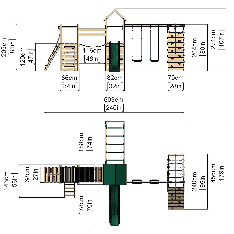 Rebo Double Tower Climbing Frame with Flexible Bridge, Swing & Slide - Dolomite