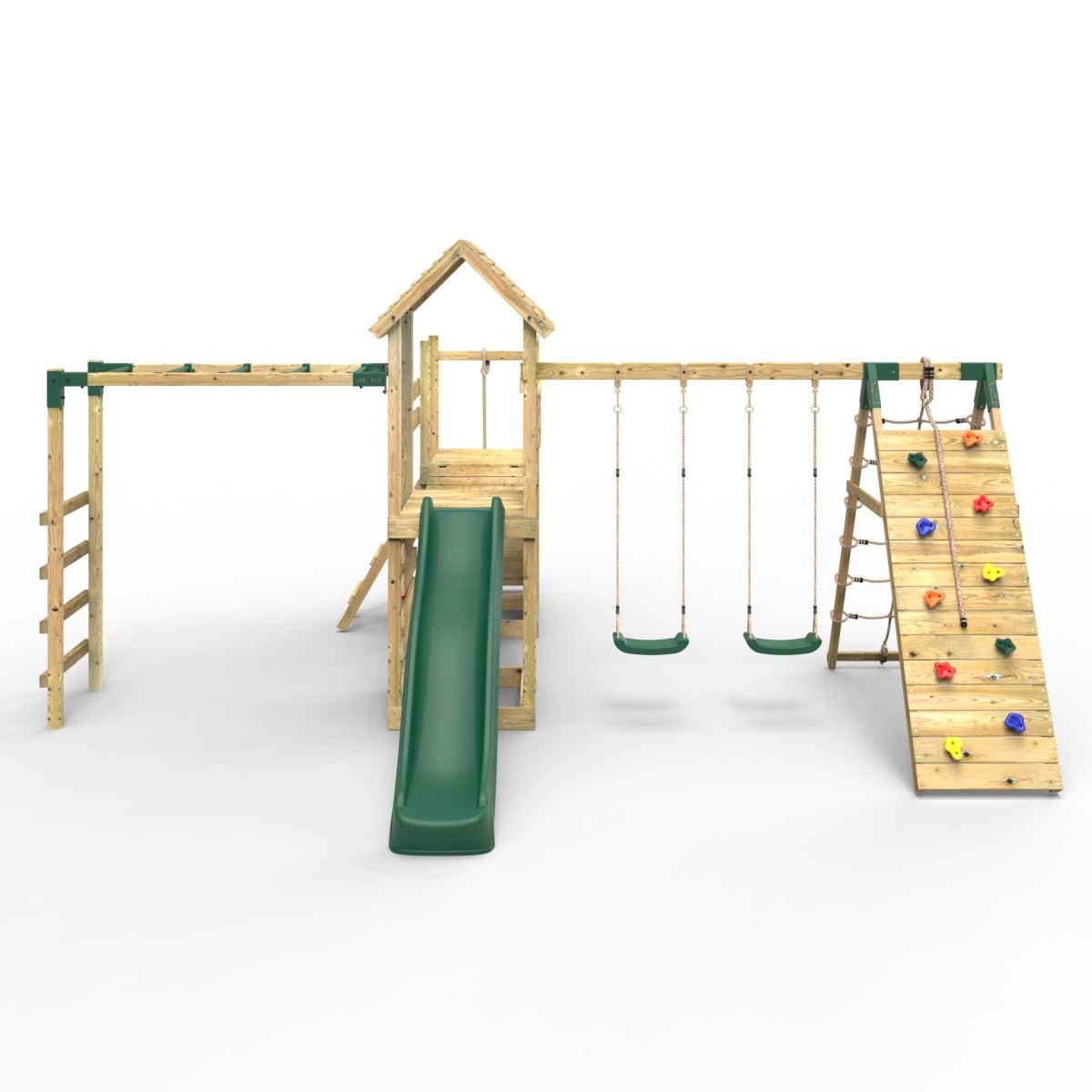 Rebo Double Tower Climbing Frame with Flexible Bridge, Swing & Slide - Dolomite