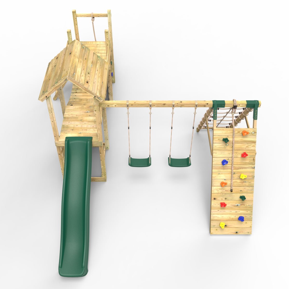 Rebo Double Tower Climbing Frame with Flexible Bridge, Swing & Slide - Greenhorn