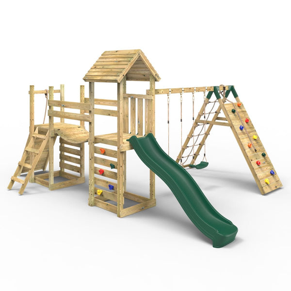 Rebo Double Tower Climbing Frame with Flexible Bridge, Swing & Slide - Greenhorn