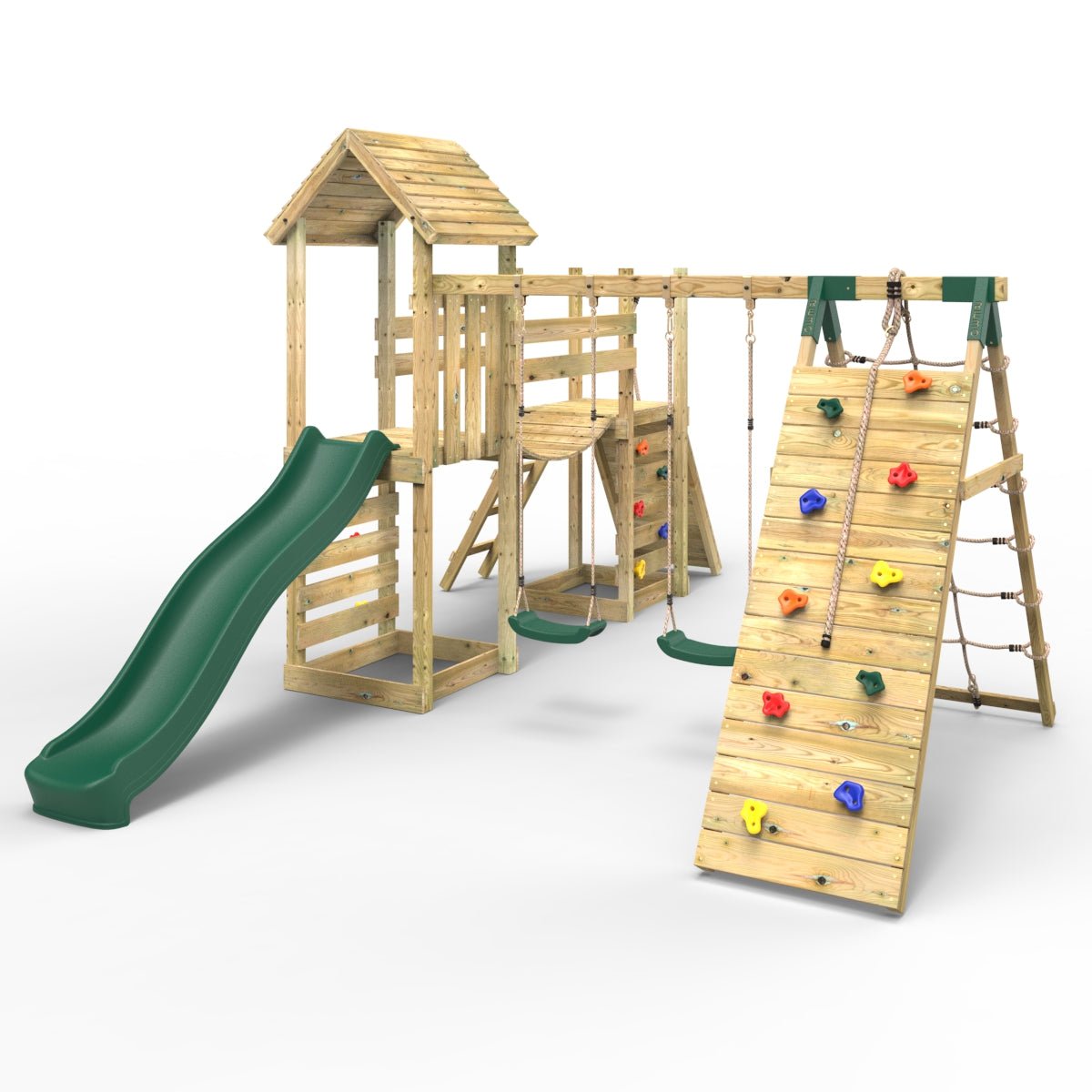 Rebo Double Tower Climbing Frame with Flexible Bridge, Swing & Slide - Greenhorn