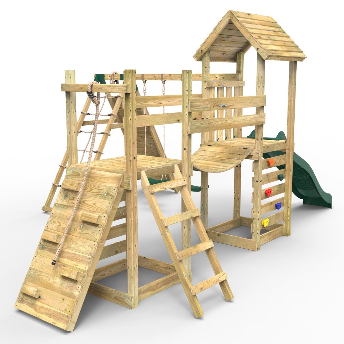 Rebo Double Tower Climbing Frame with Flexible Bridge, Swing & Slide - Greenhorn
