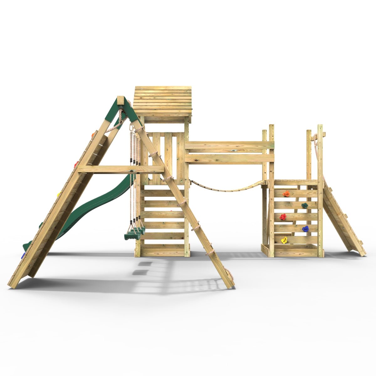 Rebo Double Tower Climbing Frame with Flexible Bridge, Swing & Slide - Greenhorn